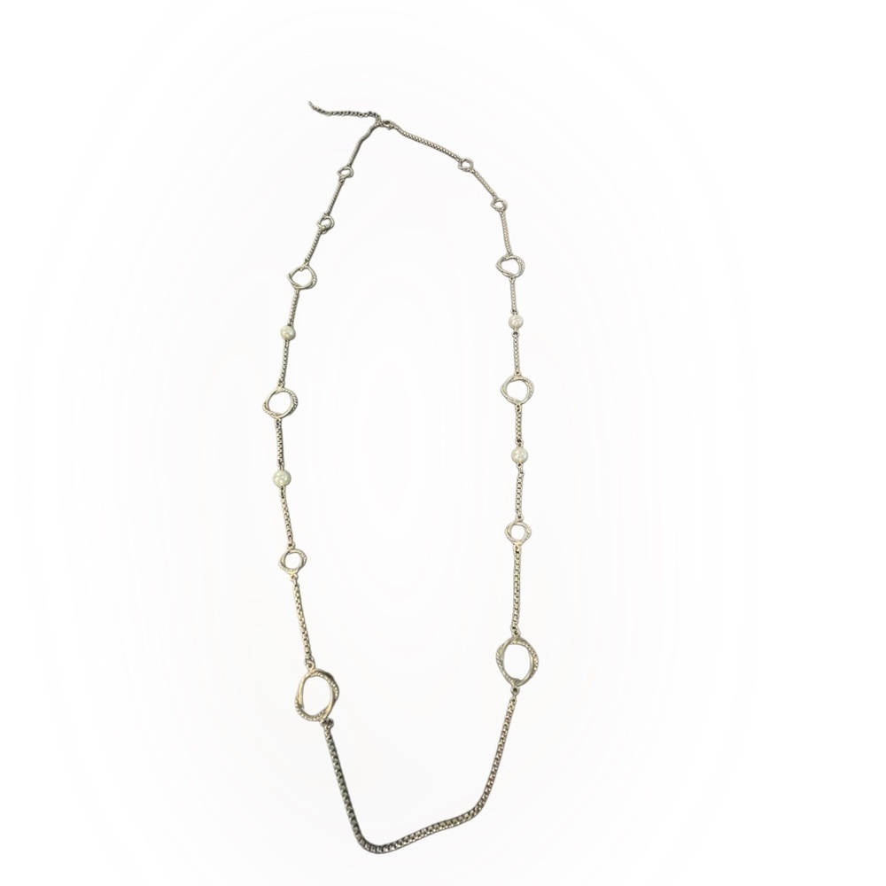 Long Silver Necklace Circle Oval & Pearl Chain Lobster Retro BoHo Soft Girl